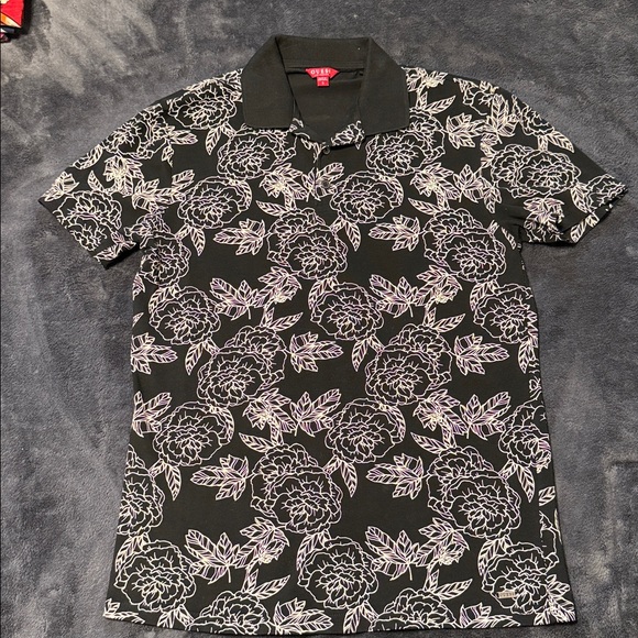 Guess Floral Black and White Polo Shirt - S - Picture 1 of 3